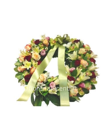 Corona funebre tonalità verde/rosa diametro 50cm